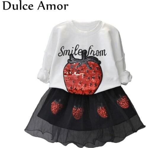Dulce Amor Girls Clothes Set Autumn Long Sleeve Strawberry Sequin Pullover T-shirt + Lace Mini Skirt 2PCS Girls Clothing