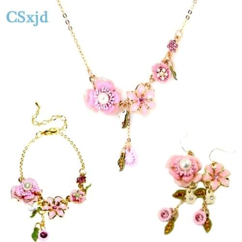 CSxjd handmade Enamel pink flower necklaces earrings and bracelet Women jewelry set