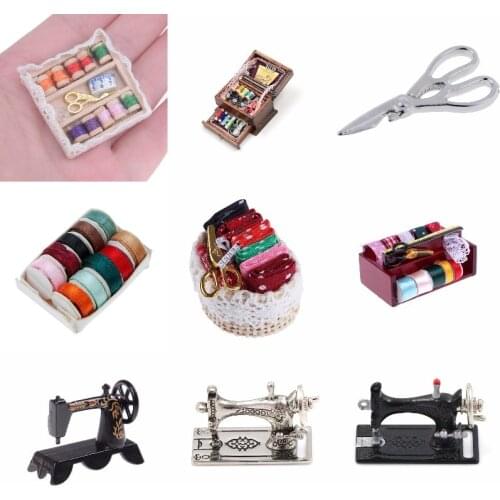 1:12 1:12 Mini Sewing Machine Sewing Box with Needle Scissors Kit Simulation Home Furniture Dollhouse Miniature Accessories