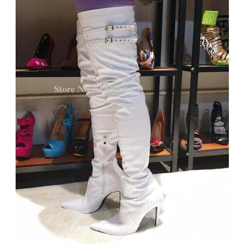 Fashion White Patent Leather Stiletto Heel Long Boots Lady Brand Design Brown Purple Black Over the Knee Thigh High Boots Lady
