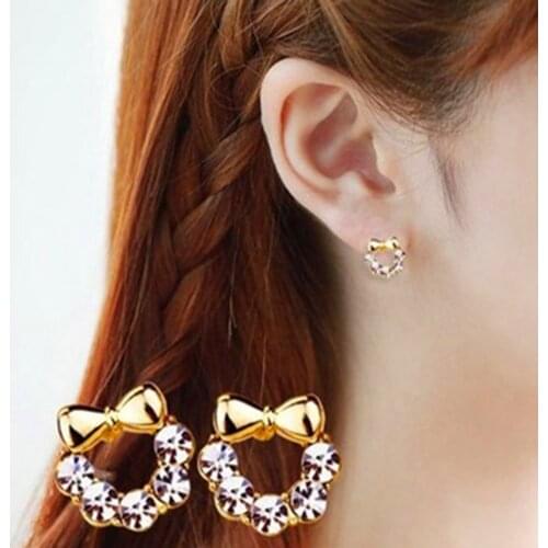 Trendy Bowknot Crystal Stud Earrings Gold Color Female Shinny Rhinestone Bowknot Sud Earings Wedding Women Jewelry Lover Gift