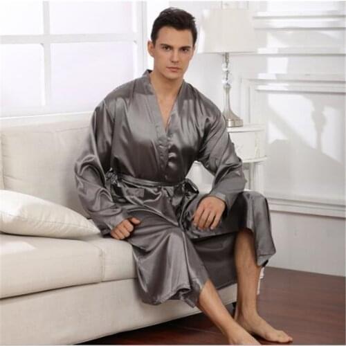 2021 Mens Silk Pajamas Long Sleeve Solid Sleepwear Kimono Male Bathrobe Leisure Men Loungewear Dressing