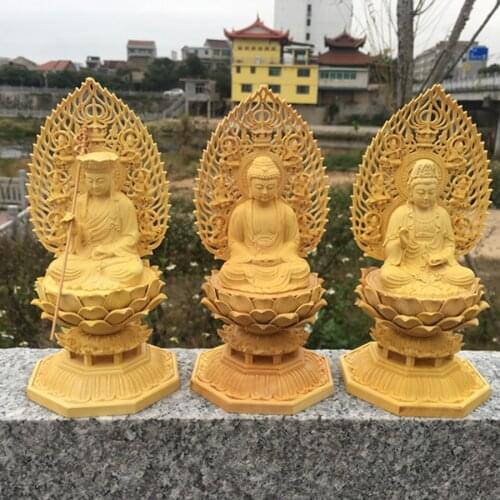 A set 3P HOME Company safety health LUCKY Efficacious protection Guanyin ksitigarbha Dizang Sakyamuni buddha wood carving statue