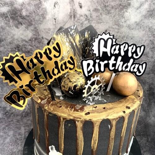 New Boom Acrylic Happy Birthday Cake Topper Gold Black Novelty Cupcake Topper Flags For Kids Birthday Party Cake Decorations