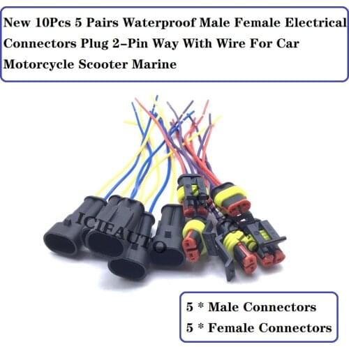 New 10 Pcs / 5 Pairs Waterproof Male Female Electrical Connectors Plug 2-Pin Way With Wire For Car Motorcycle Scooter Marine