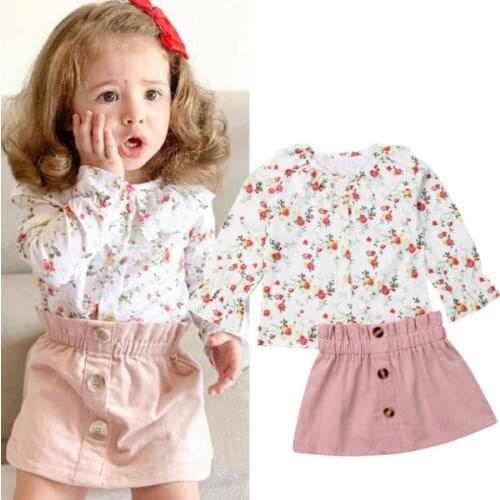Toddler Baby Girl Floral Clothes Long Sleeve Tops Dress Skirt 2pcs Outfit Set Summer Children Clothes 1-6 Years
