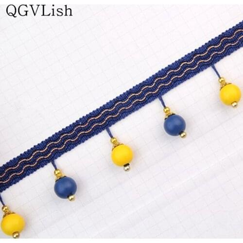 QGVLish 12M Wood Balls Curtain Lace Trim Ribbon DIY Sewing Sofa Stage Valance Home Decor Lace Tassel Belt Curtain Accessories