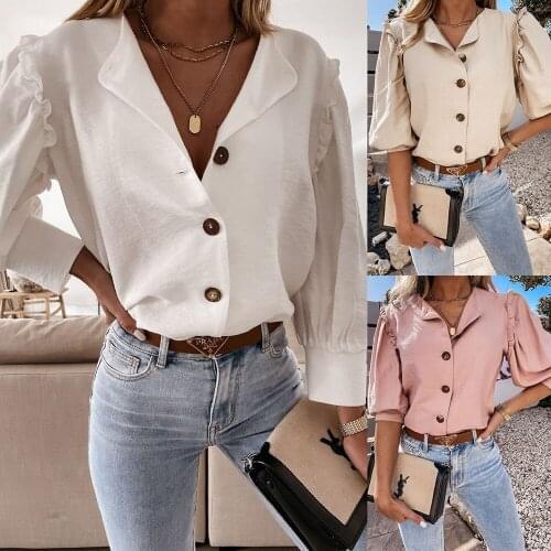Shirts Womens Shirt Solid Single-Breasted V Neck Lantern Sleeve Top Woman Blouse Female Clothing Chemise Femme Blusas Y Camisas