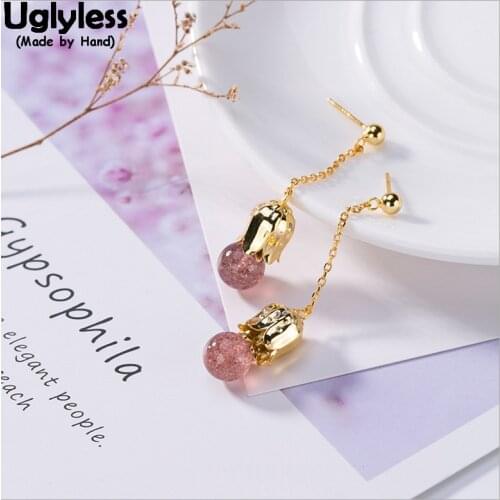 Uglyless Natural Pink Strawberry Quartz Ball Earrings for Women Gold Plated Real Solid 925 Silver Fine Jewelry Handmade Earrings