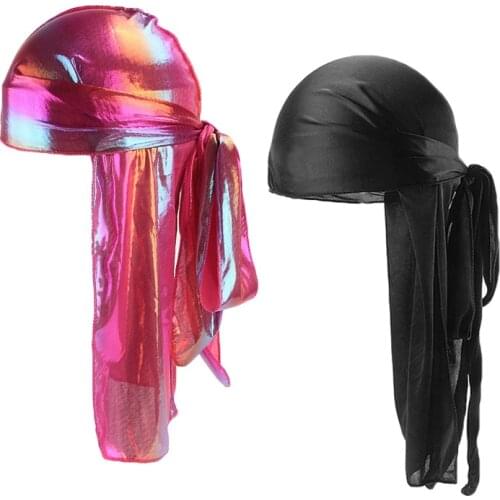 Silky Durags Men Durag Long Tail Doo Rag Black And Colorful BreathableTurban Pirate Solid Headwear 2pcs/lot