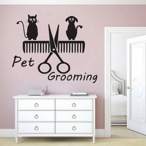 Cat And Dog Stand On Comb And Scissors Wall Stickers Home Decor Pet Groom Wall Stickers Decals Art Wall Stickers Removable FK-59