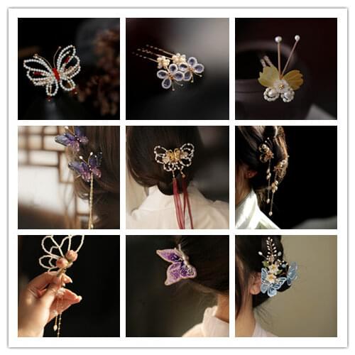 Vintage China the ming dynasty hairpins sticks beads blue butterfly pearl hairbands decoration spinki do włosów horquillas pelo