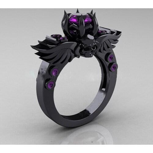 High quality black gold men/women style purple stone cool skull ring cheap