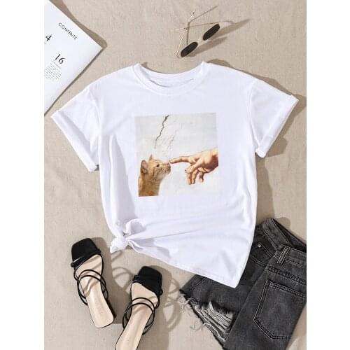 Finger Touching Cat Printing Womens t Shirt spring summer Hip Hop Clothing Classic Large t-Shirt Casual Style Women t-Shirts