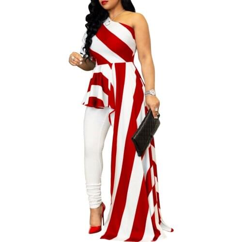 Women Summer Stripe One Shoulder Blouse High Low Tunic Plus Size Asymmetric Top Top Puff Sleeve Womens Top Blouses AM0286