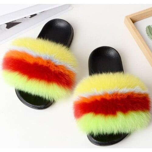 Women Fur Slippers Real Fox Fur Slides Fluffy Flip Flops 2021 New Plush Fashion Indoor Outdoor Sandals