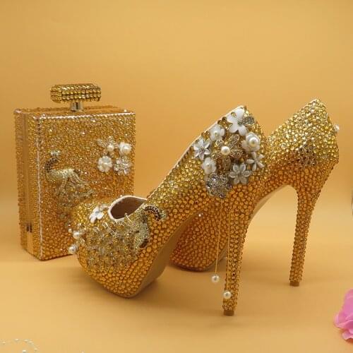 BaoYaFang Golden crystal Peacock Party Dress Shoes and bags Wedding shoes woman High heel platform shoes for woman Party Heels