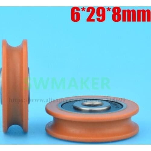 1pcs 6*29*8mm grooves U wheel, rubber coated plastic bearing pulley, for 3D printer / engraving machine