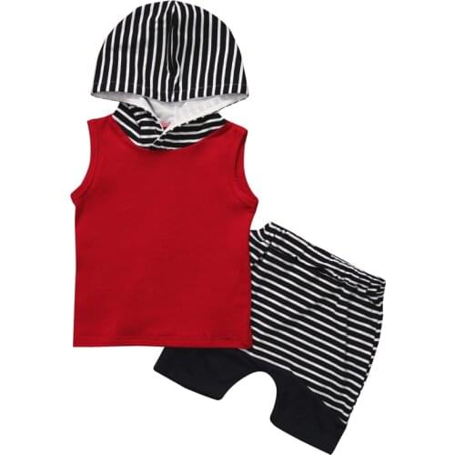 Fast Shipping 2pcs Baby Summer Baby Boy Clothes Summer Sleeveless Hooded Cotton T-shirt+Striped Pants 2pcs Outfit Baby Clothes