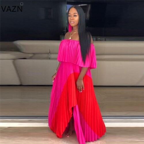 VAZN 2019 Untidy Mature Sexy Fashion Slash Neck Half Batwing Sleeve Chiffon Loose Pleated Vacation Maxi Dress For Women