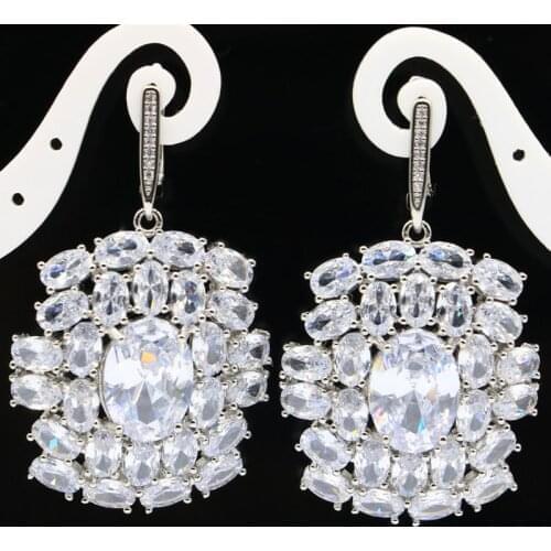 50x29mm Deluxe Long Created White Bright Cubic Zircon Gift For Womans Dating Silver Earrings