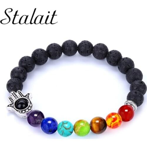 7 Chakra Natural Stone Crystal Beads Bracelet For Women Black Natural Lava Buddha Hand Strand Bracelet Lion head Charm Bracelect