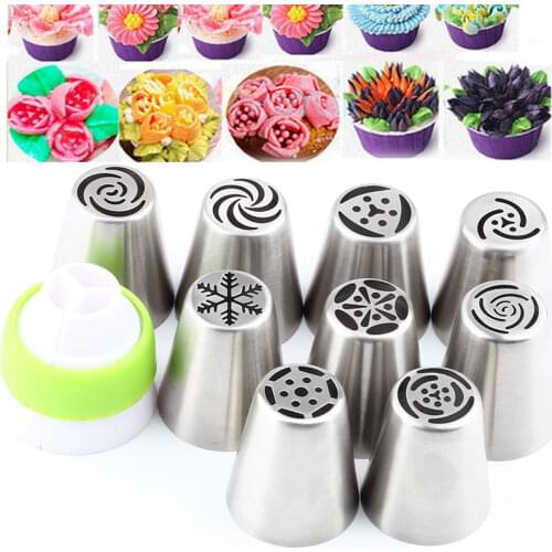 9Pcs Icing Piping Russian Cake Nozzles Stainless Steel Pastry Tips And 1Pcs Coupler Converter Decorating Cake Tips