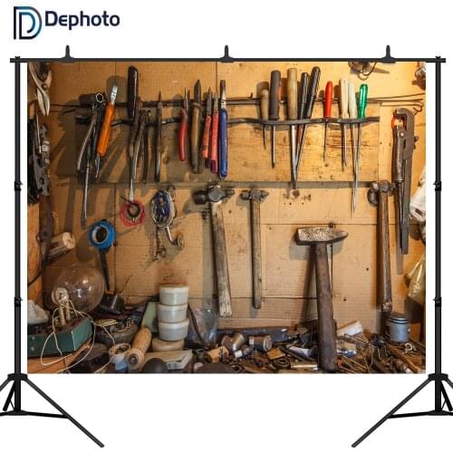 DePhoto photography background old tools wood shelf workshop children backdrop studio photobooth props photocall customize