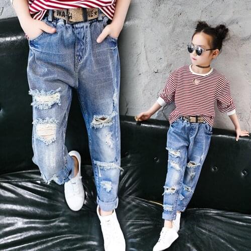 Children denim Pants girls hole jeans baby kids pencil leggings autumn childrens clothes girl cotton casual trousers 6t to 14t