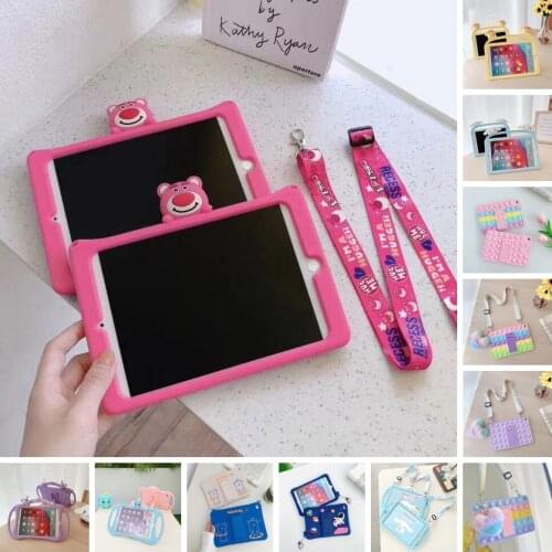 Kids Cartoon Silicon Stand Shell Tablet Cover for IPad 7th 8th 10.2 6th 9.7 2018 2017 Mini 5 11 Air 1 2 3 4 Case Funda Strap