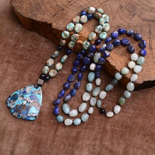 Handmade Knotting Beaded Long Shield Pendant Necklace