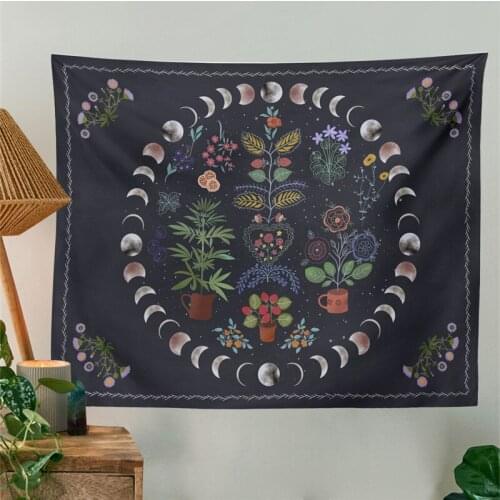 Moon Phase Tapestry Black Wall Tapestries Floral Boho Wall Hanging Divination Witchcraft Tapestry Mandala Room Decor