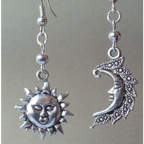 HOT !!! Fashion Jewelry Earrings Mystical Sun & Moon Face Charm Drop Earrings Pendant Tibetan silver for woman gift -90