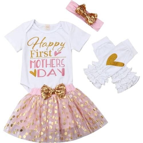 Newborn Baby Girls 2019 Mothers Day Clothes Sets Letter Print White Romper Skirts Headband Leg Warmers Set