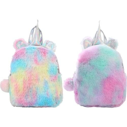 Cute Cartoon Unicorn Bag with Ear for Women Laser Shoulder bag Student Rainbow School Bookbag Girls Travel Plush Fluffy Backpack