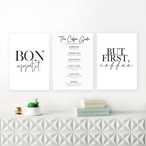Minimalist But first Coffee Guide Bon Appetit Quotes Canvas Painting Black White Wall Art Poster Print Pictures Kitchen Decor