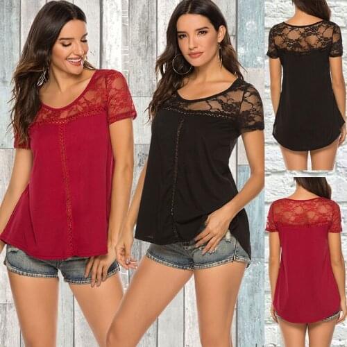 Fashion Sexy Embroidery Lace Short Sleeve Shirt Spring Summer O-Neck Blouse Shirts Solid Casual Women Tops Blusa Streetwear 2XL