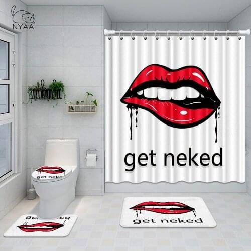Marble Pink Get Naked Shower Curtain 4 Piece Bathroom Mat Set Soft Rug Toilet Cover Sexy Red Lipstick Bath Pad Durable Fabric