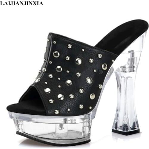 New Clubbing Show Crystal Thick Platform Sandals 14 CM Super High Stripper Heeled Shoes Slip-on Sexy Women Slippers