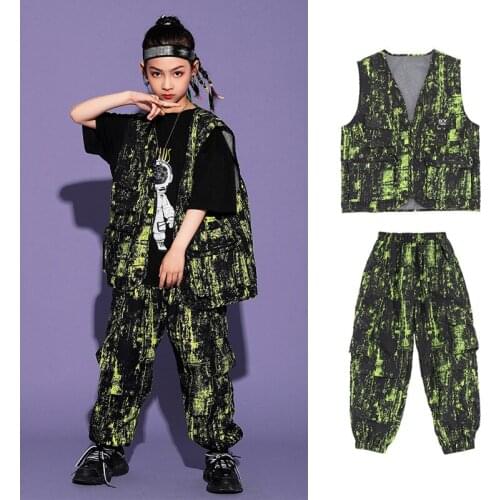 Hip Hop Clothes Kids Rave Clothing Street Dancewear Green Vest Designer Clothes Performance Costume Festival Clothing JL3214