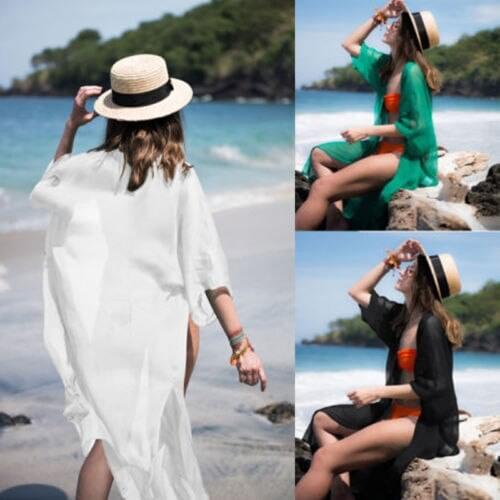 Solid Beach Dress 2019 Women Sunshine Bathing Suit Female Cover-Ups Swim Suit Long Sleeve Beachwear