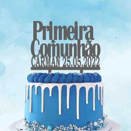 Personalized Portuguese Primeira Comunhão Cake Topper Custom Kids Name Party Date First Holy Communion Party Decoration Topper