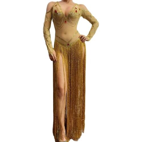 Mesh Gauze Perspective Bodysuit Rhinestones Chain Long Fringe Bodysuits Nightclub Dance Show Wear Latin Costume Performance Suit