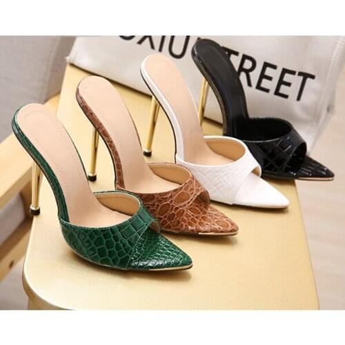 Women Summer Slippers Fashion Thin High Heel PU Ladies Pointed Toe Stone Pattern Slides Outside Shoes