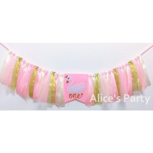 New ONE white Swan Banner Baby Girl 1st Birthday Highchair Swan Bunting Garland Pink Gold Swan Cake Smash Cygnus Photo prop