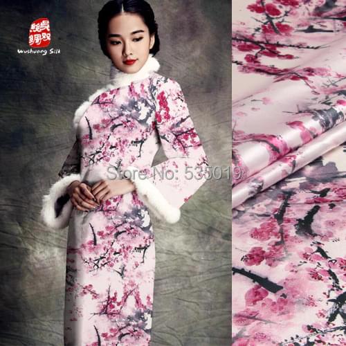 High quality pink Plum flowers prints 97% mulberry silk fabric 3% stretch satin fabric summer haute couture fabrics wholesale