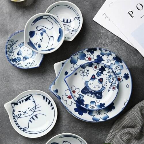 Creative Japanese Hand-painted Cartoon Cat Ceramic Soup Rice Bowl Seasoning Dish Dinner Plate Porcelain Steak Plate Dinnerware