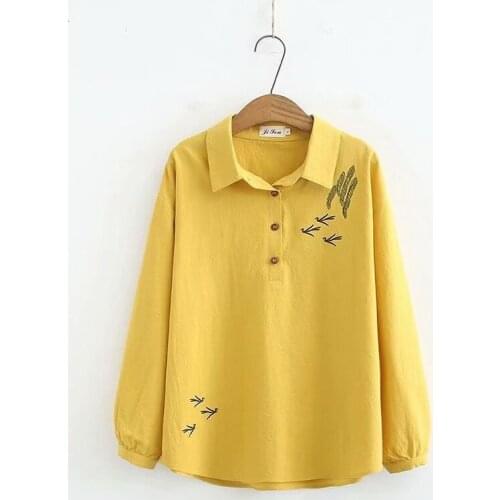 Plus Size XL-4XL Womens Bird Embroidery Blouses Long Sleeved Cotton OL Tops