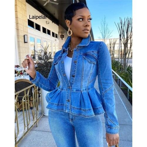 Women Denim Jacket Ruffle Hem Slim Fit Women Short Jeans Jackets Coat Vintage Turn Down Collar Denim Coat Outerwear Femme