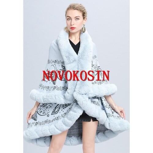 6 Colors 2021 Women Jacquard Weave Two Layers Coat Female Big Pendulum Cardigan Winter Big Faux Fox Fur Collar Knitted Poncho